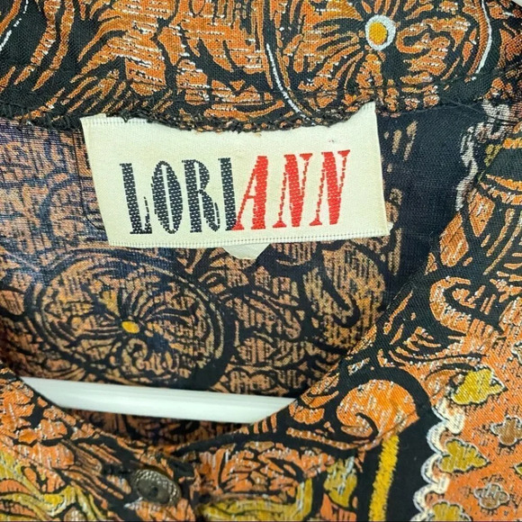 Vintage 80s 90s Printed Button Down Blouse Top Womens Size Small Black Gold - Picture 10 of 11